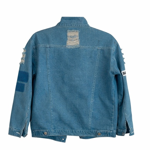 Aieryiyi Women's Small Distressed Denim Jacket Light Patch Moto Boho Streetwear - Picture 3 of 5